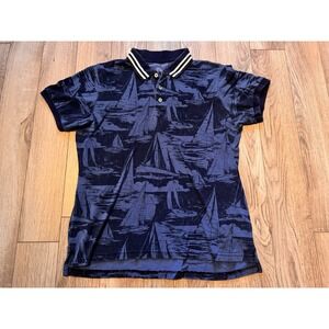 American Eagle Mens Navy Blue Sailboat Print‎ Cotton Pique Polo Shirt Medium M